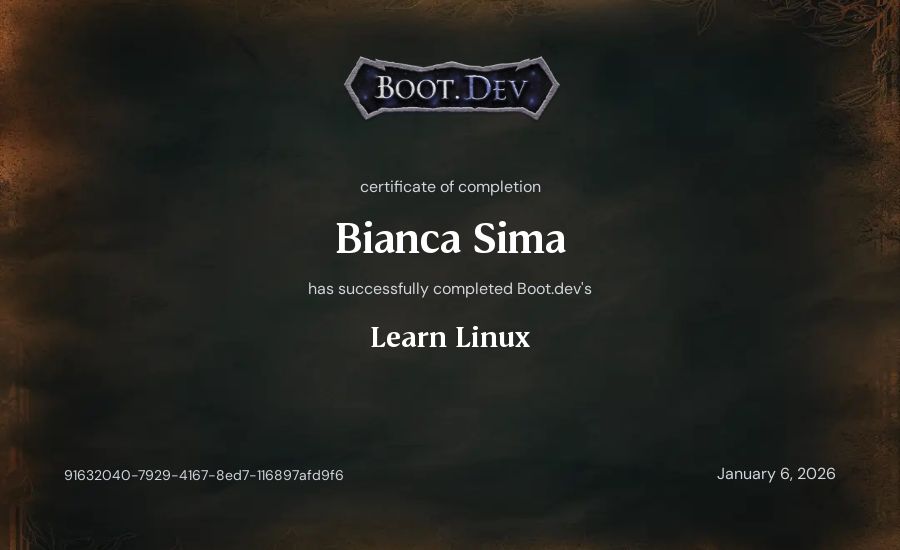 Bianca Sima's Boot.dev Learn Linux certificate