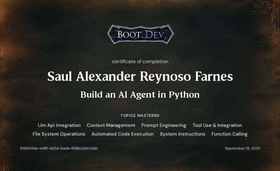 Saul Alexander Reynoso Farnes's Boot.dev Build an AI Agent in Python certificate