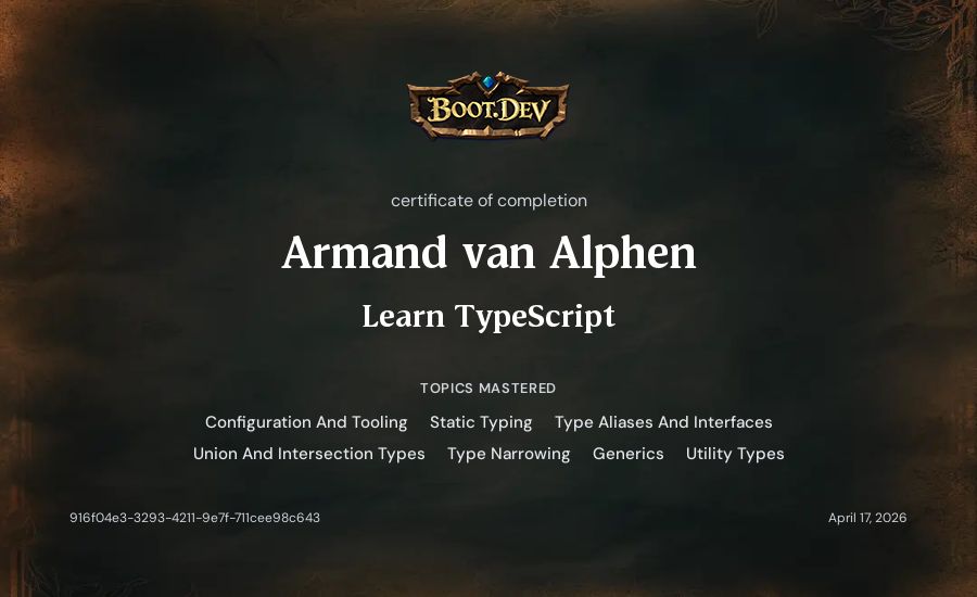 Armand van Alphen's Boot.dev Learn TypeScript certificate