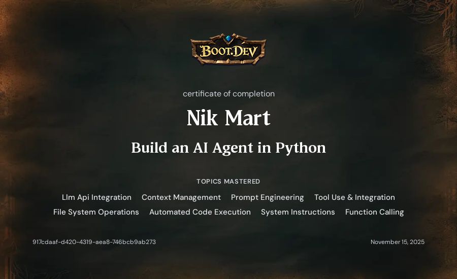 Nik Mart's Boot.dev Build an AI Agent in Python certificate
