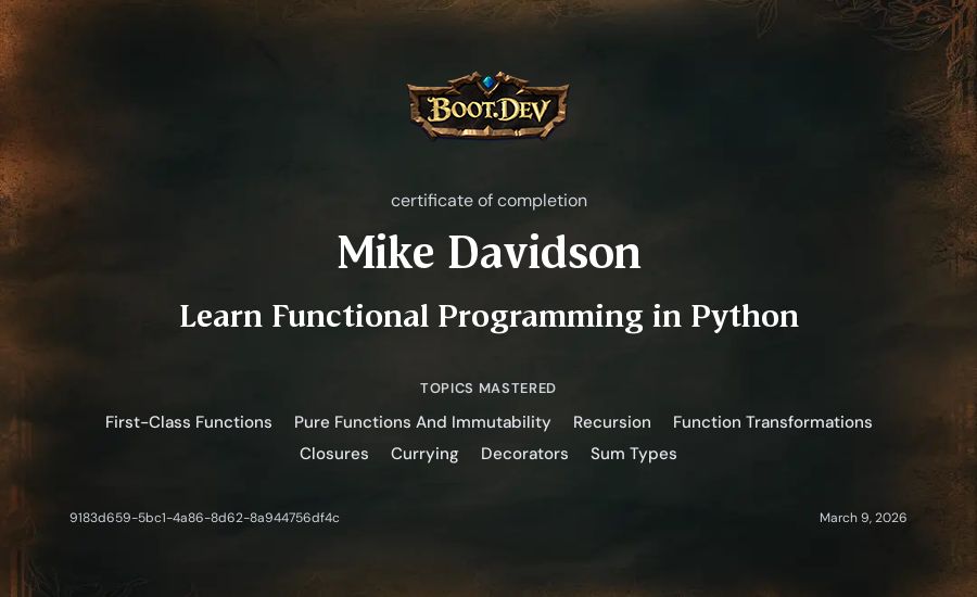 Mike Davidson's Boot.dev Learn Functional Programming in Python certificate