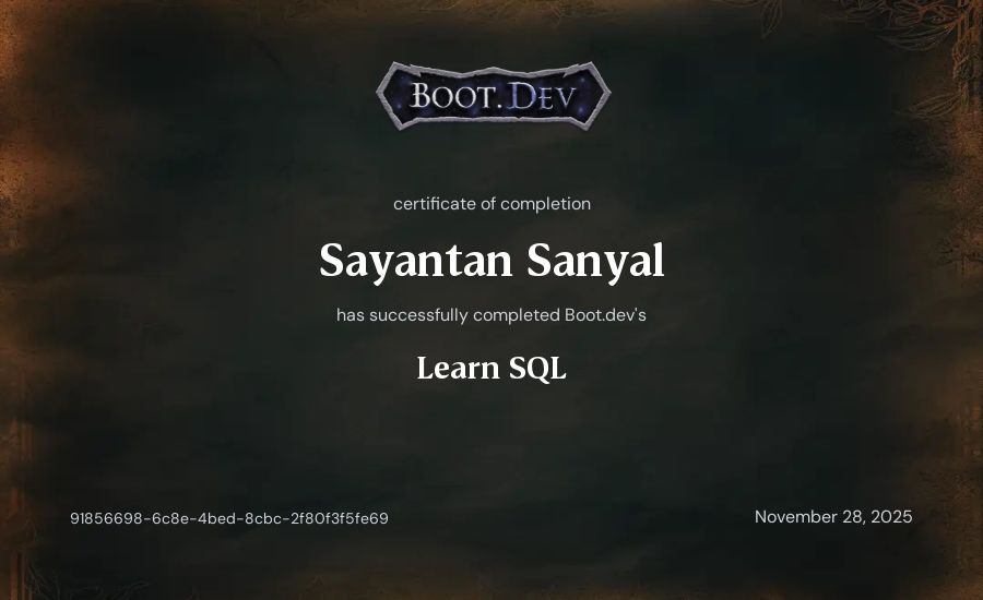 Sayantan Sanyal's Boot.dev Learn SQL certificate