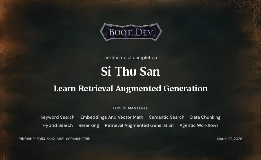 Si Thu San's Boot.dev Learn Retrieval Augmented Generation certificate