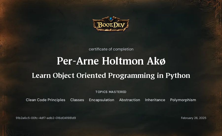 Per-Arne Holtmon Akø's Boot.dev Learn Object Oriented Programming in Python certificate