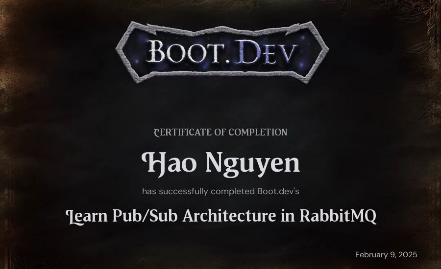 Hao Nguyen's Boot.dev Learn Pub/Sub in RabbitMQ and Go certificate