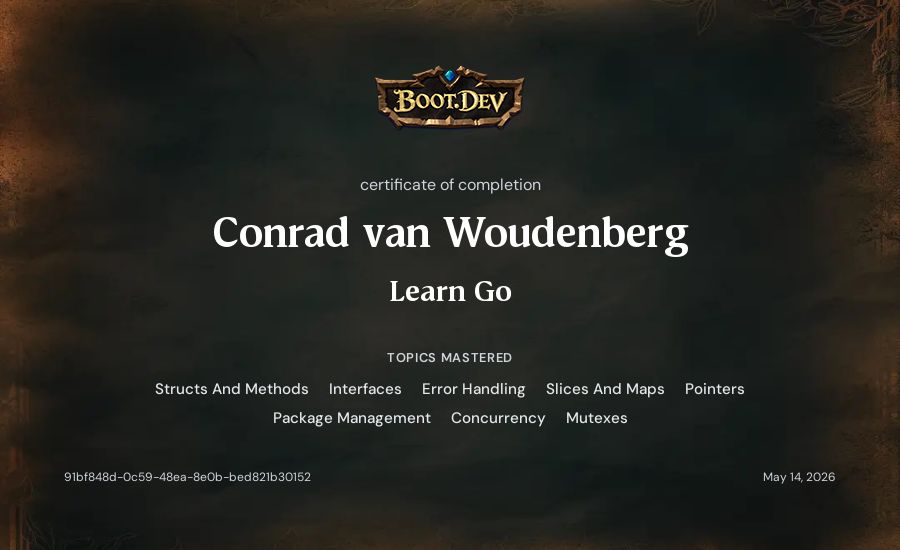 Conrad van Woudenberg's Boot.dev Learn Go certificate