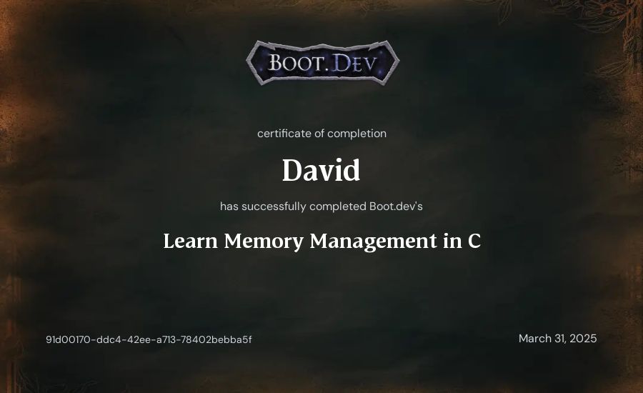 David's Boot.dev Learn Memory Management in C certificate