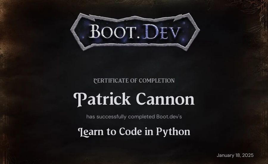 Patrick's Boot.dev Introduction to Python Course certificate