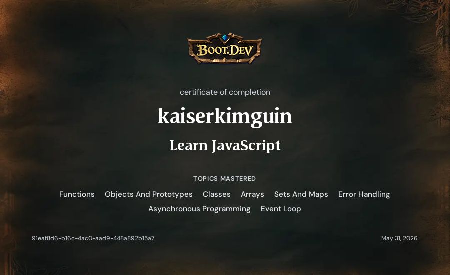 kaiserkimguin's Boot.dev Learn JavaScript certificate