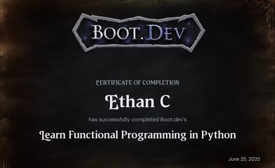 Ethan C's Boot.dev Learn Functional Programming in Python certificate