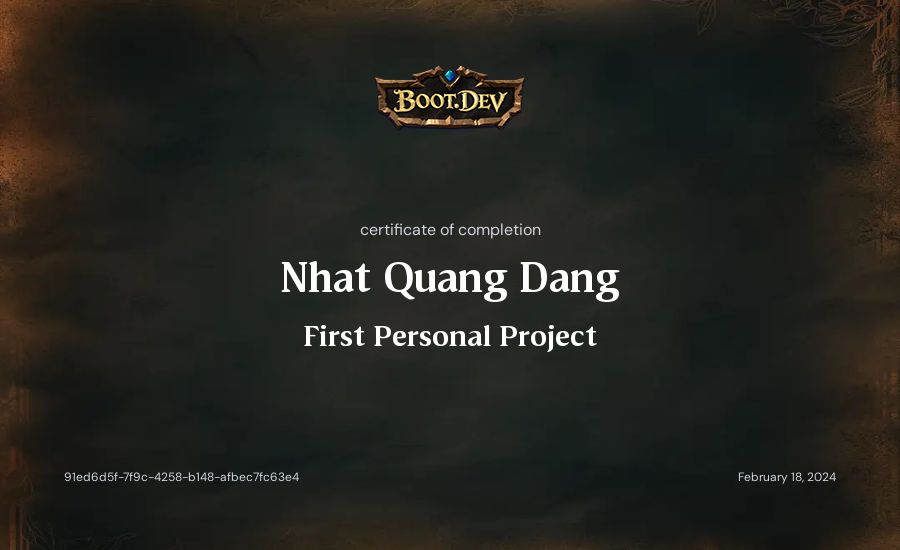 Nhat Quang Dang's Boot.dev First Personal Project certificate