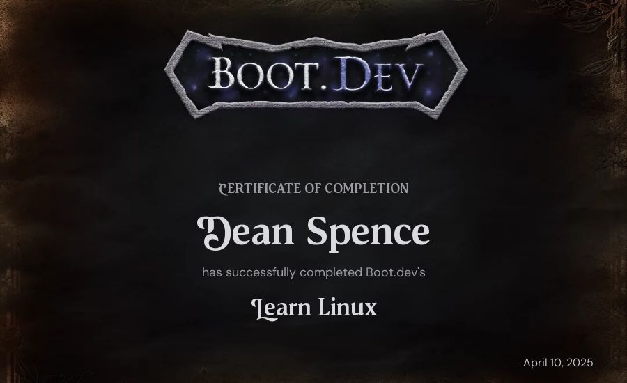 Dean Spence's Boot.dev Learn Linux certificate