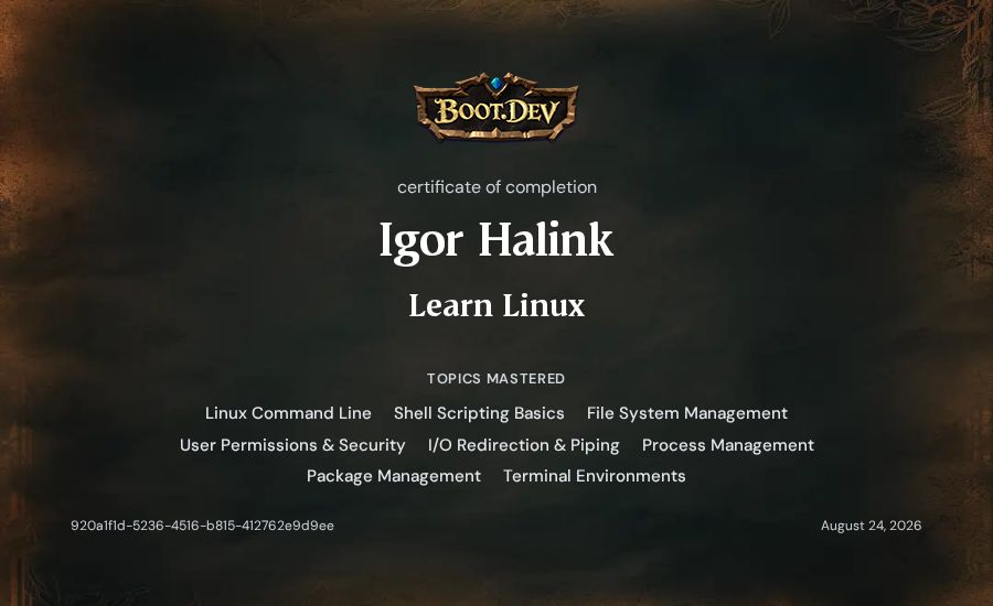 Igor Halink's Boot.dev Learn Linux certificate
