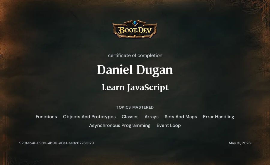 Daniel Dugan's Boot.dev Learn JavaScript certificate