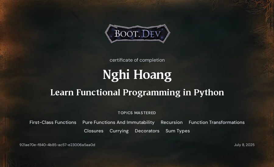 Nghi Hoang's Boot.dev Learn Functional Programming in Python certificate