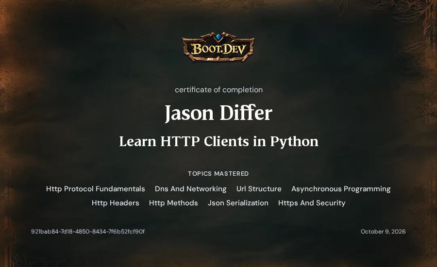 Jason Differ's Boot.dev Learn HTTP Clients in Python certificate