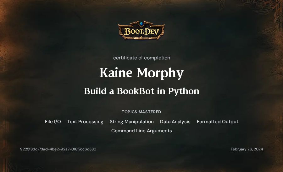 Kaine Morphy's Boot.dev Build a BookBot in Python certificate