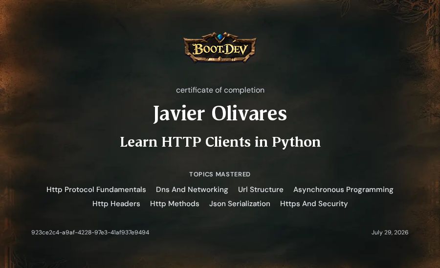 Javier Olivares's Boot.dev Learn HTTP Clients in Python certificate