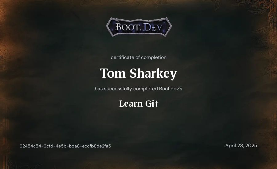 Tom Sharkey's Boot.dev Learn Git certificate