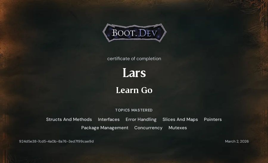 Lars's Boot.dev Learn Go certificate