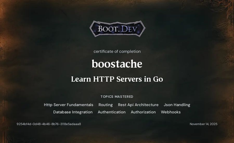 boostache's Boot.dev Learn HTTP Servers in Go certificate
