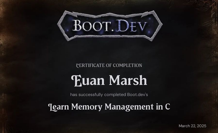 Euan Marsh's Boot.dev Learn Memory Management in C certificate