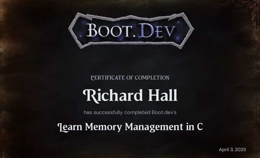 Richard Hall's Boot.dev Learn Memory Management in C certificate
