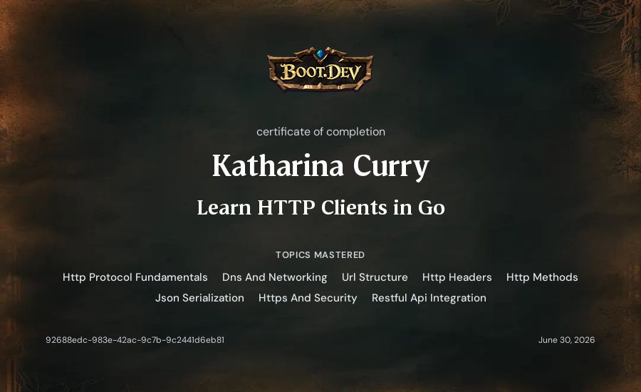 Katharina Curry's Boot.dev Learn HTTP Clients in Go certificate