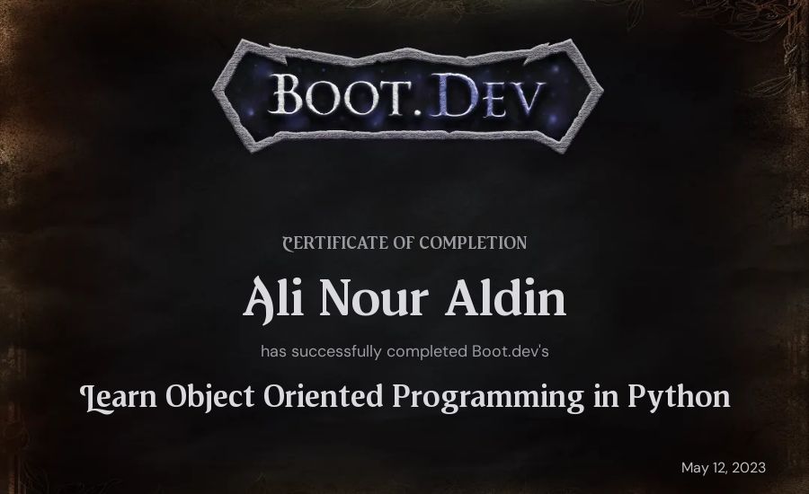 Ali Nour Aldin's Boot.dev Learn Object Oriented Programming in Python certificate