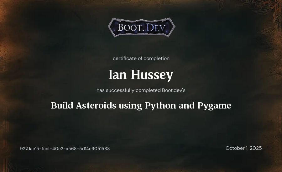Ian Hussey's Boot.dev Build Asteroids using Python and Pygame certificate