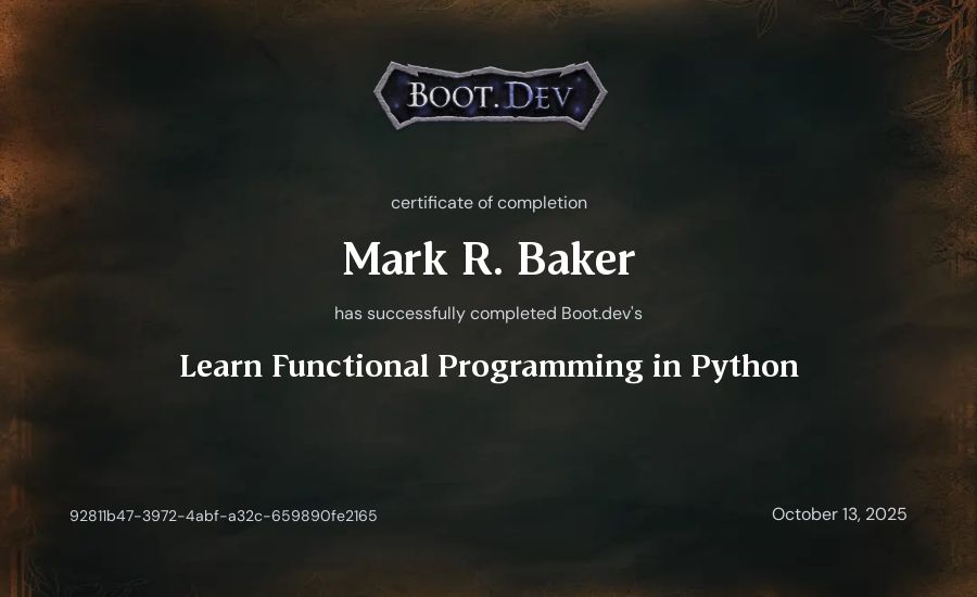 Mark R. Baker's Boot.dev Learn Functional Programming in Python certificate