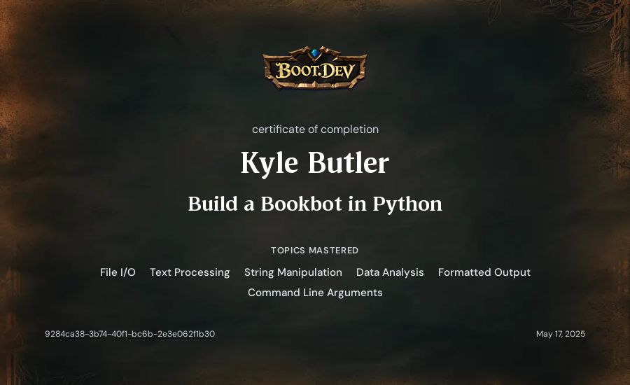 Kyle Butler's Boot.dev Build a BookBot in Python certificate