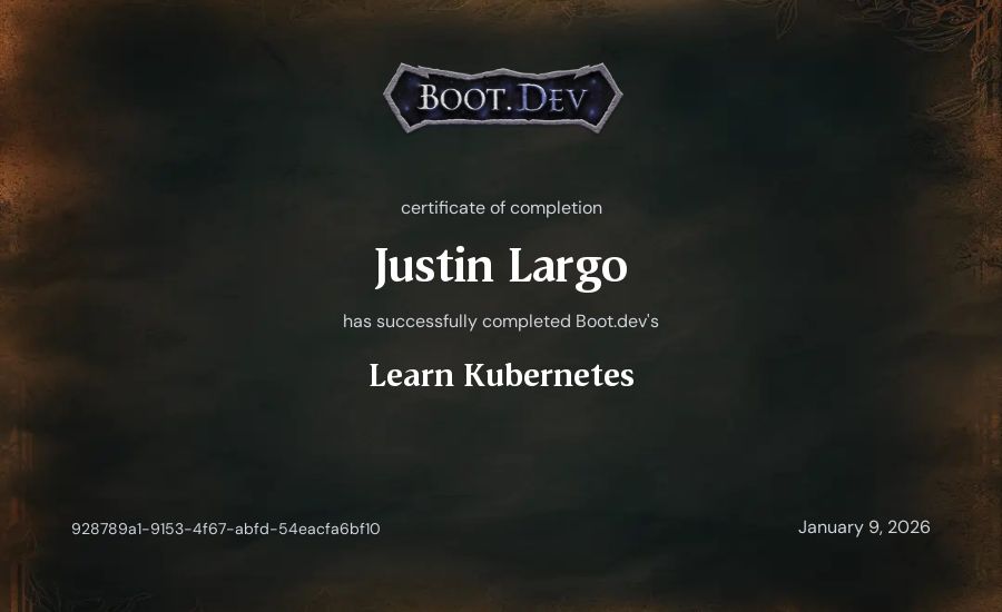 Justin Largo's Boot.dev Learn Kubernetes certificate