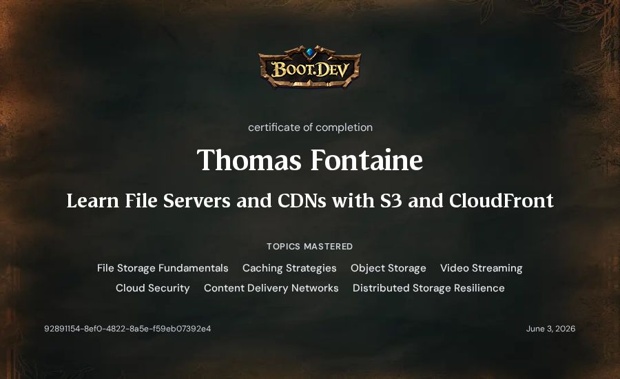 Thomas Fontaine's Boot.dev Learn File Servers and CDNs with S3 and CloudFront certificate