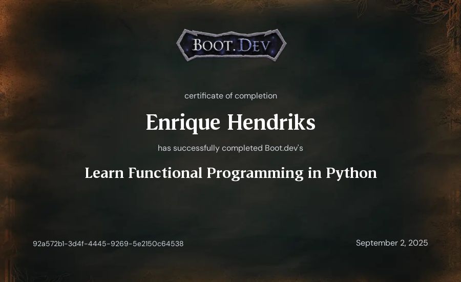 Enrique Hendriks's Boot.dev Learn Functional Programming in Python certificate