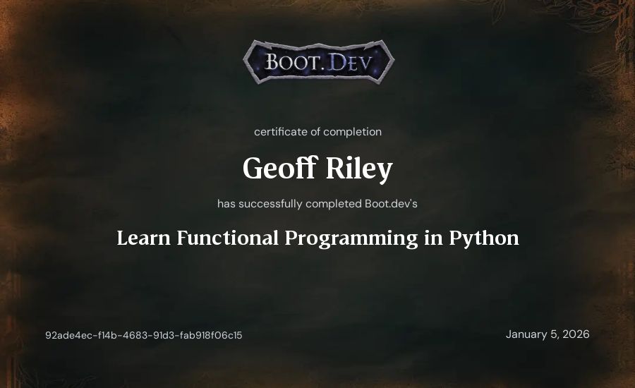 Geoff Riley's Boot.dev Learn Functional Programming in Python certificate