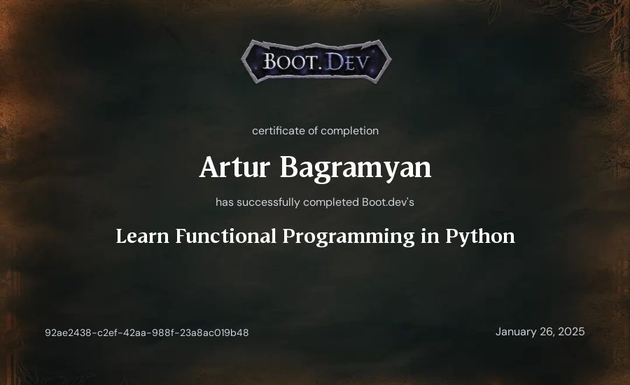 Artur Bagramyan's Boot.dev Learn Functional Programming in Python certificate