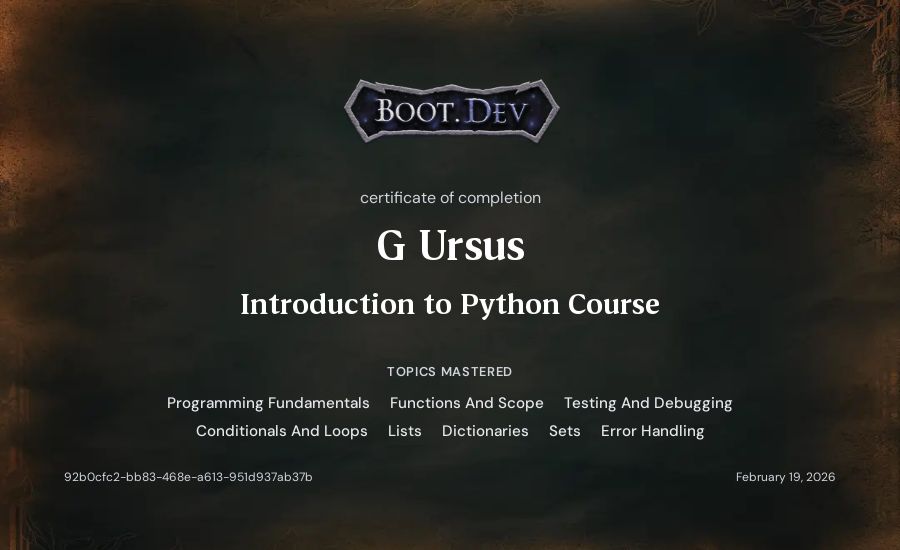 G Ursus's Boot.dev Introduction to Python Course certificate