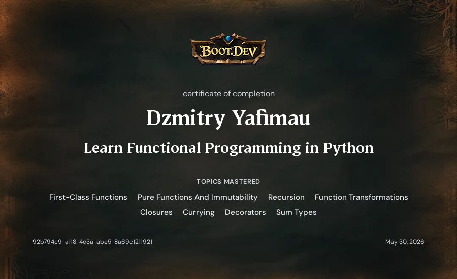 Dzmitry Yafimau's Boot.dev Learn Functional Programming in Python certificate