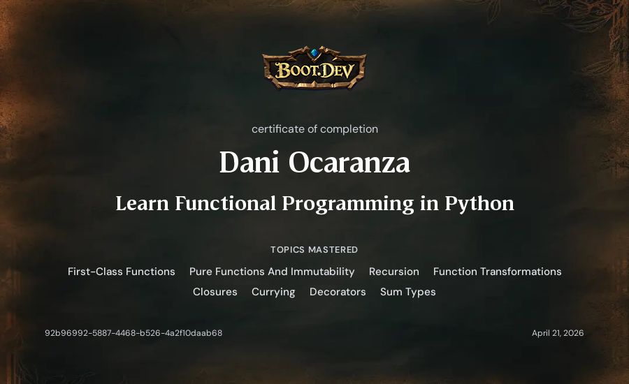 Dani Ocaranza's Boot.dev Learn Functional Programming in Python certificate