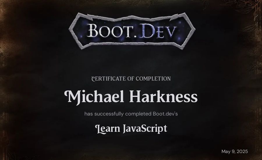 Michael Harkness's Boot.dev Learn JavaScript certificate
