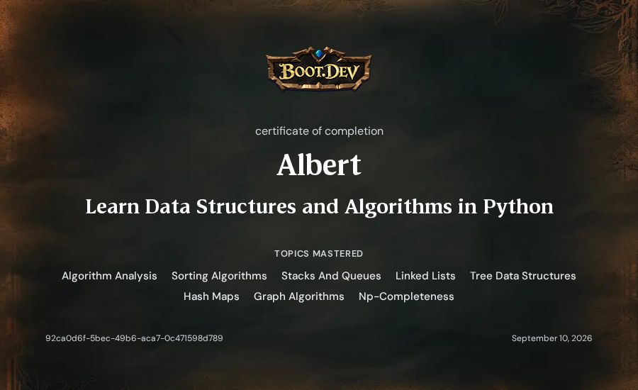 Albert's Boot.dev Learn Data Structures and Algorithms in Python certificate