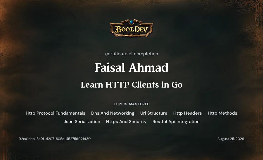 Faisal Ahmad's Boot.dev Learn HTTP Clients in Go certificate
