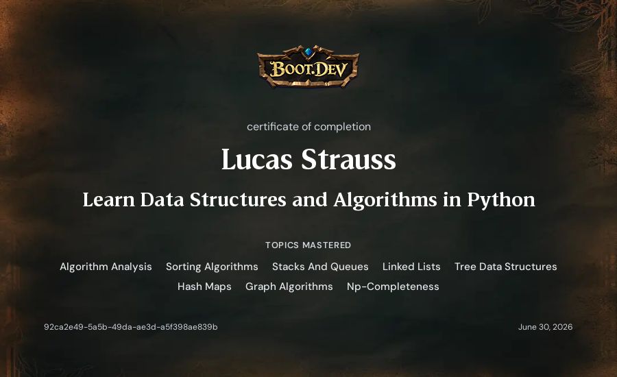 Lucas Strauss's Boot.dev Learn Data Structures and Algorithms in Python certificate