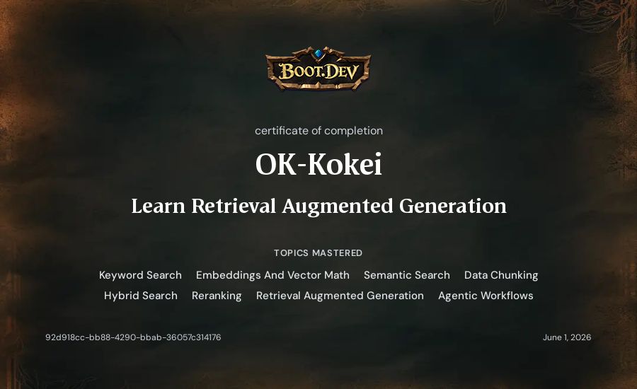 OK-Kokei's Boot.dev Learn Retrieval Augmented Generation certificate