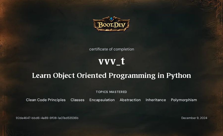 vvv_t's Boot.dev Learn Object Oriented Programming in Python certificate