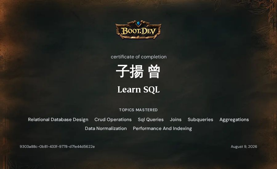 子揚 曾's Boot.dev Learn SQL certificate