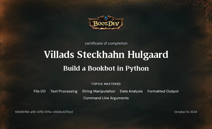Villads Steckhahn Hulgaard's Boot.dev Build a BookBot in Python certificate