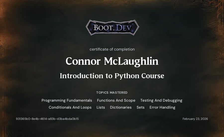 Connor McLaughlin's Boot.dev Introduction to Python Course certificate