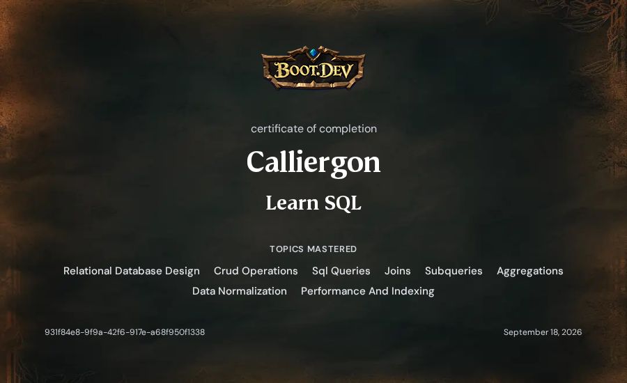 Calliergon's Boot.dev Learn SQL certificate